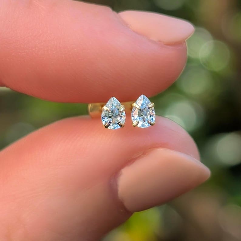 Micro Stud Teardrop - Aquamarine Earrings Handmade Handcrafted