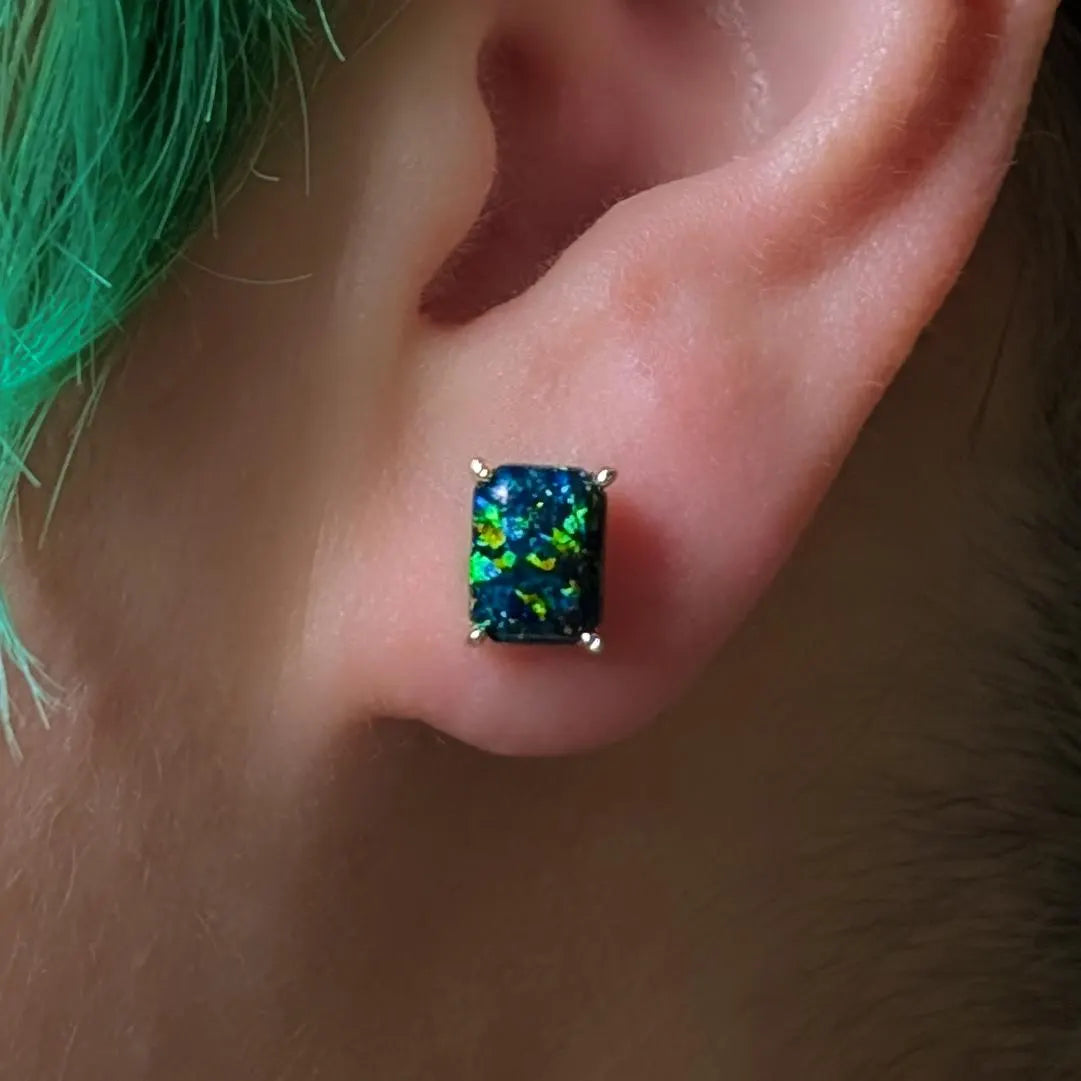 The Audette - Emerald Cut Midnight Black Opal Stud Earrings