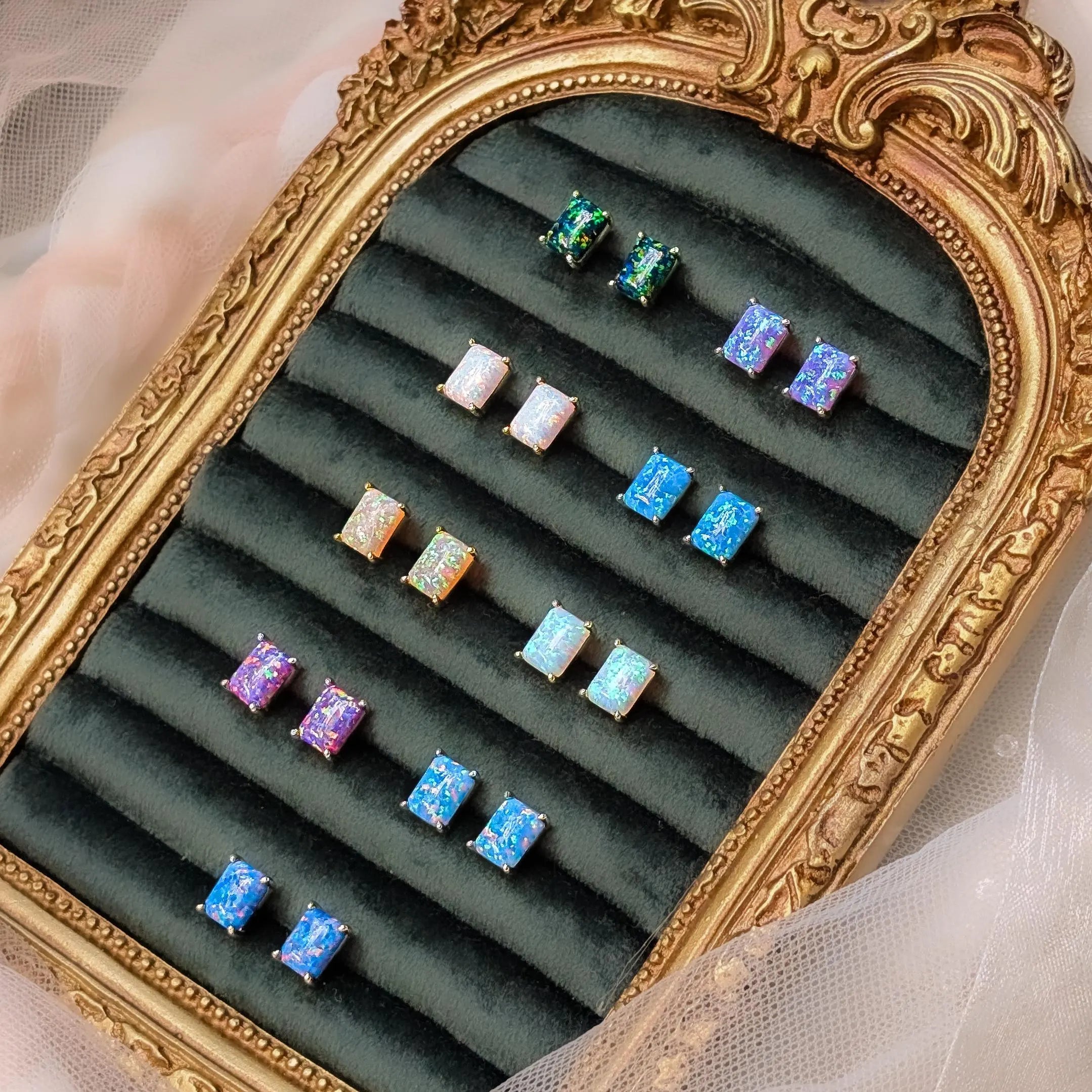 The Audette - Emerald Cut Midnight Black Opal Stud Earrings