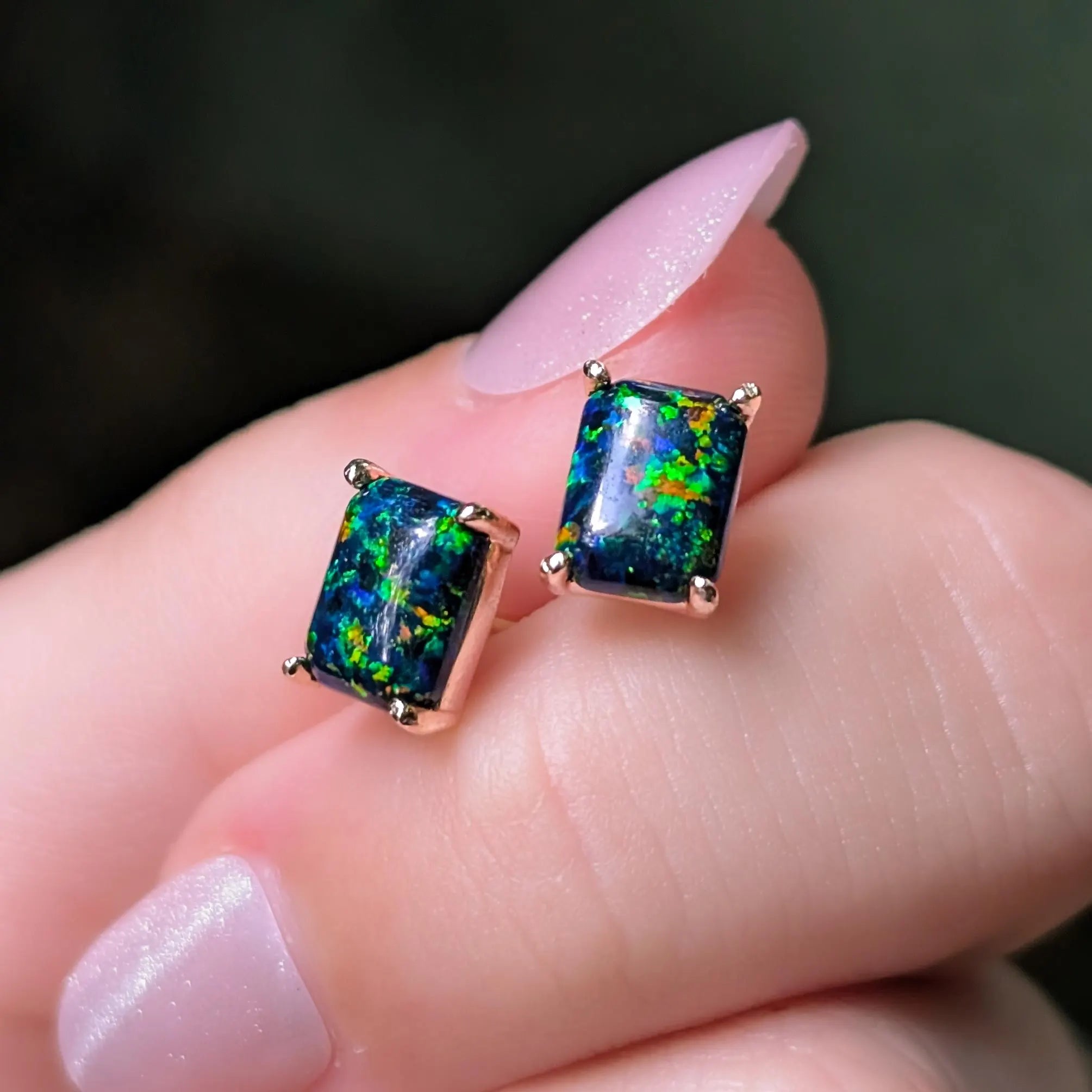 The Audette - Emerald Cut Midnight Black Opal Stud Earrings