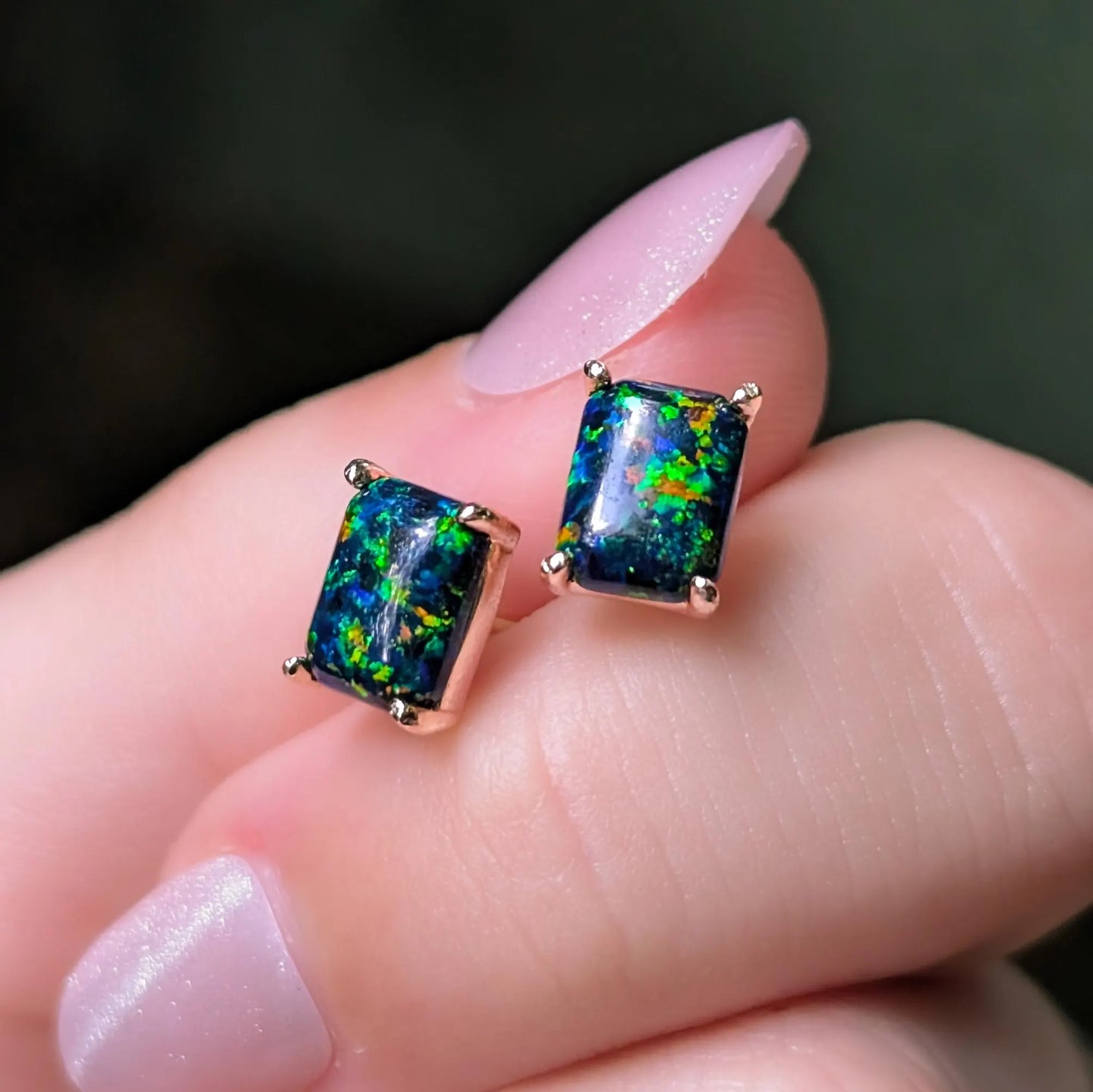 The Audette - Emerald Cut Midnight Black Opal Stud Earrings