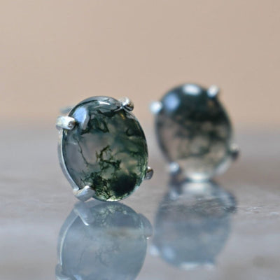 Moss Agate Oval Stud Earrings Earrings Handmade Handcrafted