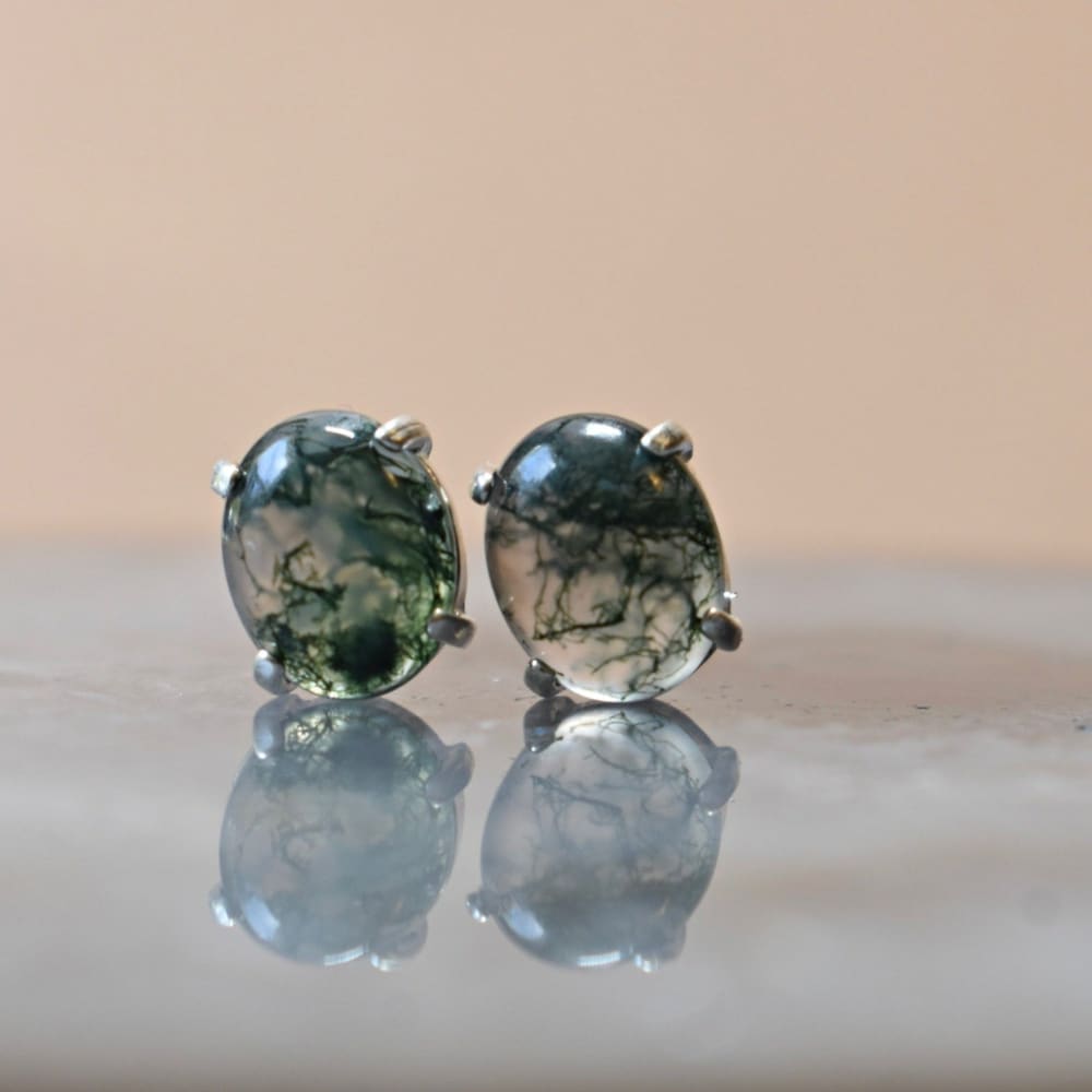 Moss Agate Oval Stud Earrings Earrings Handmade Handcrafted