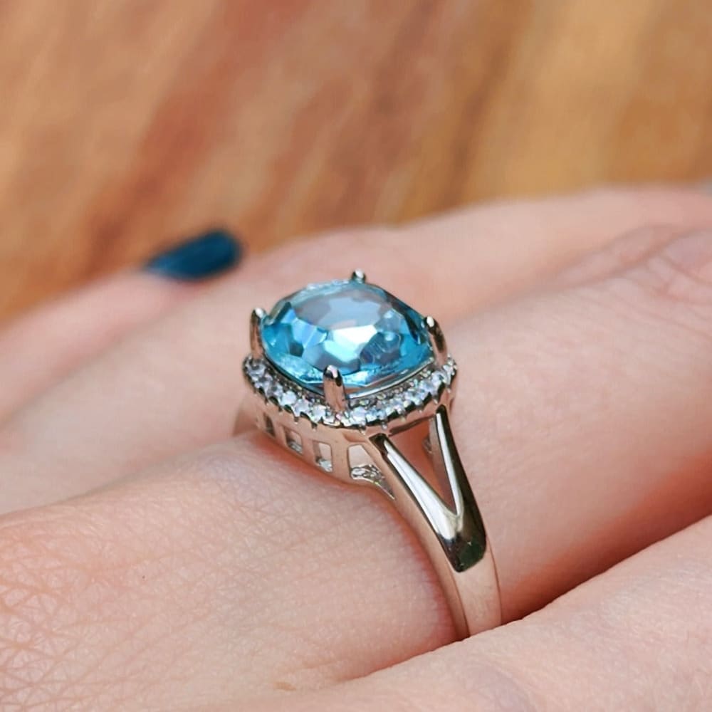 Natural Aquamarine Halo Double Band Ring Rings Handmade Handcrafted
