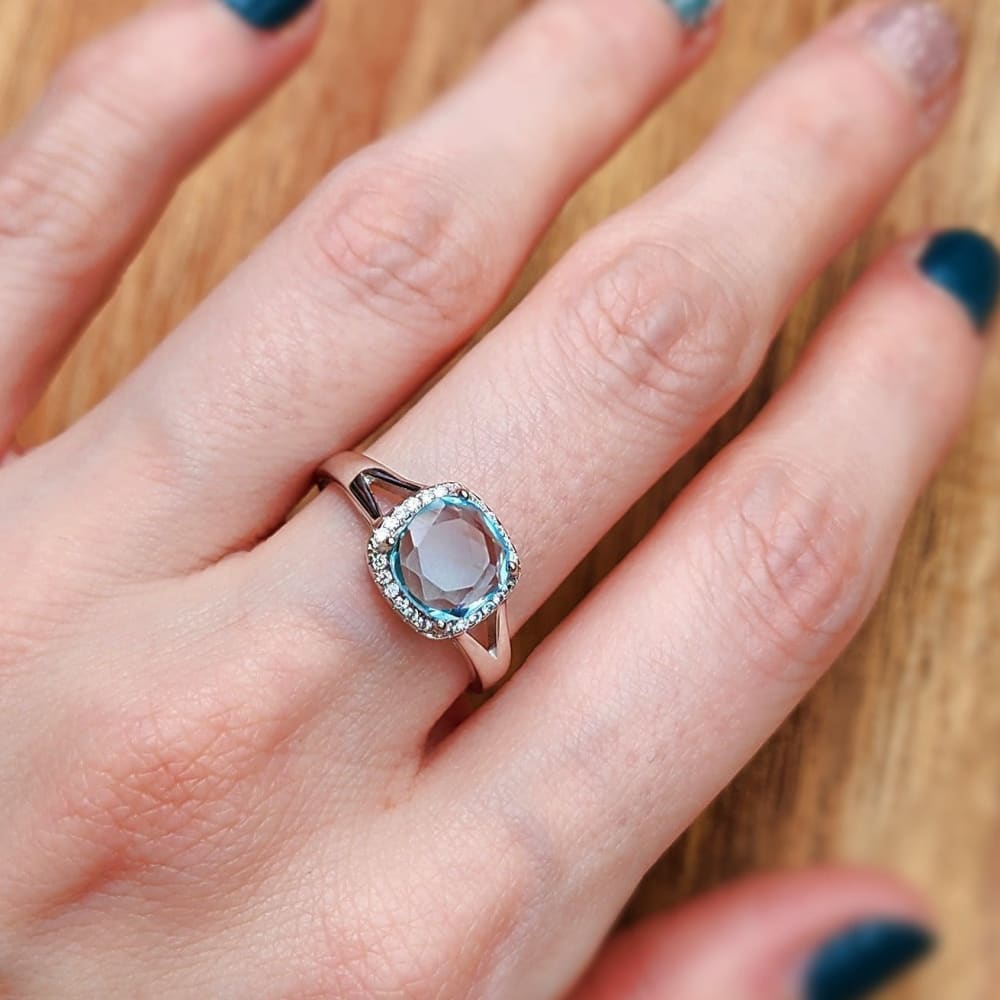 Natural Aquamarine Halo Double Band Ring Rings Handmade Handcrafted