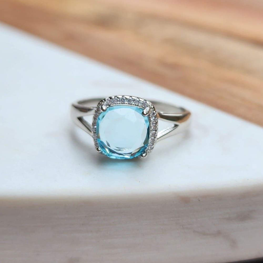 Natural Aquamarine Halo Double Band Ring Rings Handmade Handcrafted