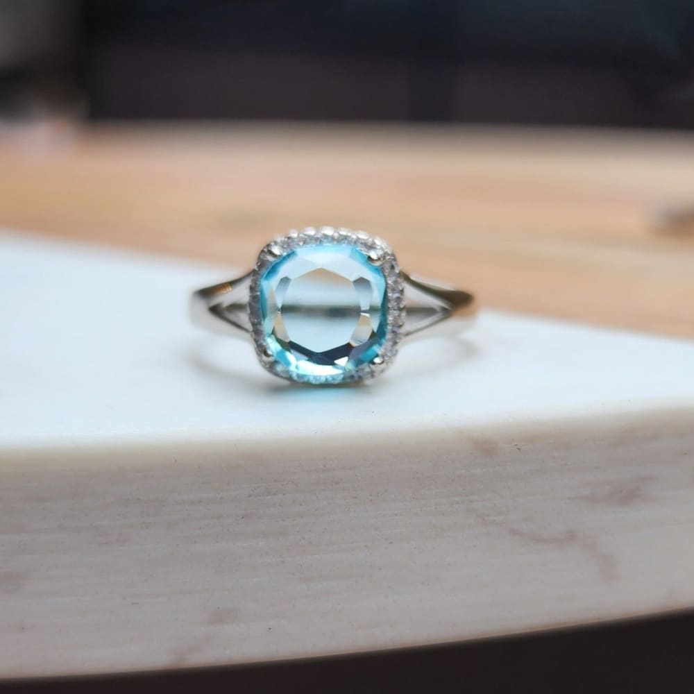 Natural Aquamarine Halo Double Band Ring Rings Handmade Handcrafted