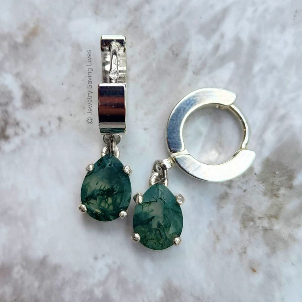 Natural Teardrop Moss Agate Huggie Dangles Earrings Handmade Handcrafted