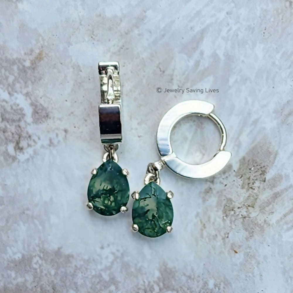 Natural Teardrop Moss Agate Huggie Dangles Earrings Handmade Handcrafted