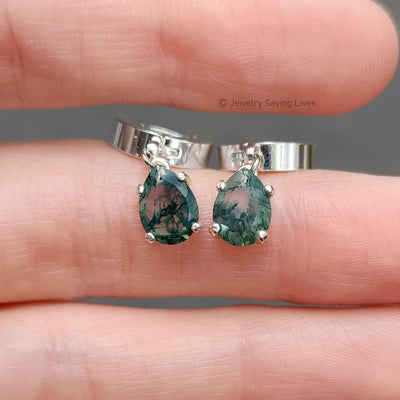 Natural Teardrop Moss Agate Huggie Dangles Earrings Handmade Handcrafted