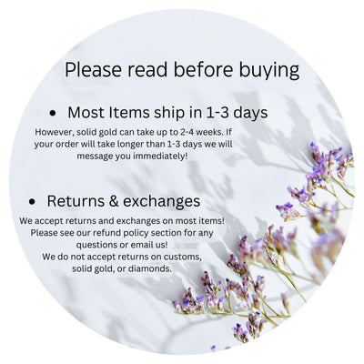 Shipping and returns policy notice with purple flowers for Natural Teardrop Tanzanite Dangles