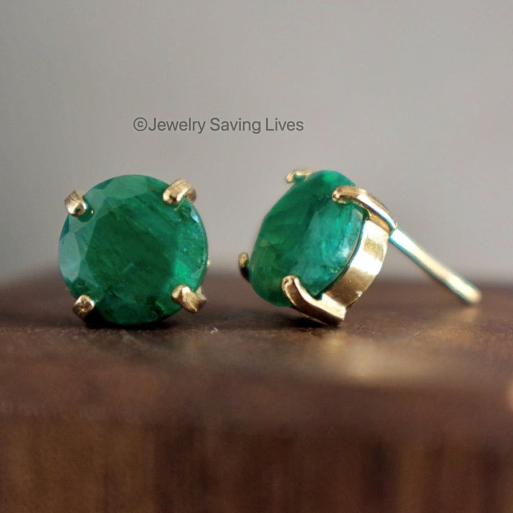 Round Natural Emerald Stud Earrings Earrings Handmade Handcrafted