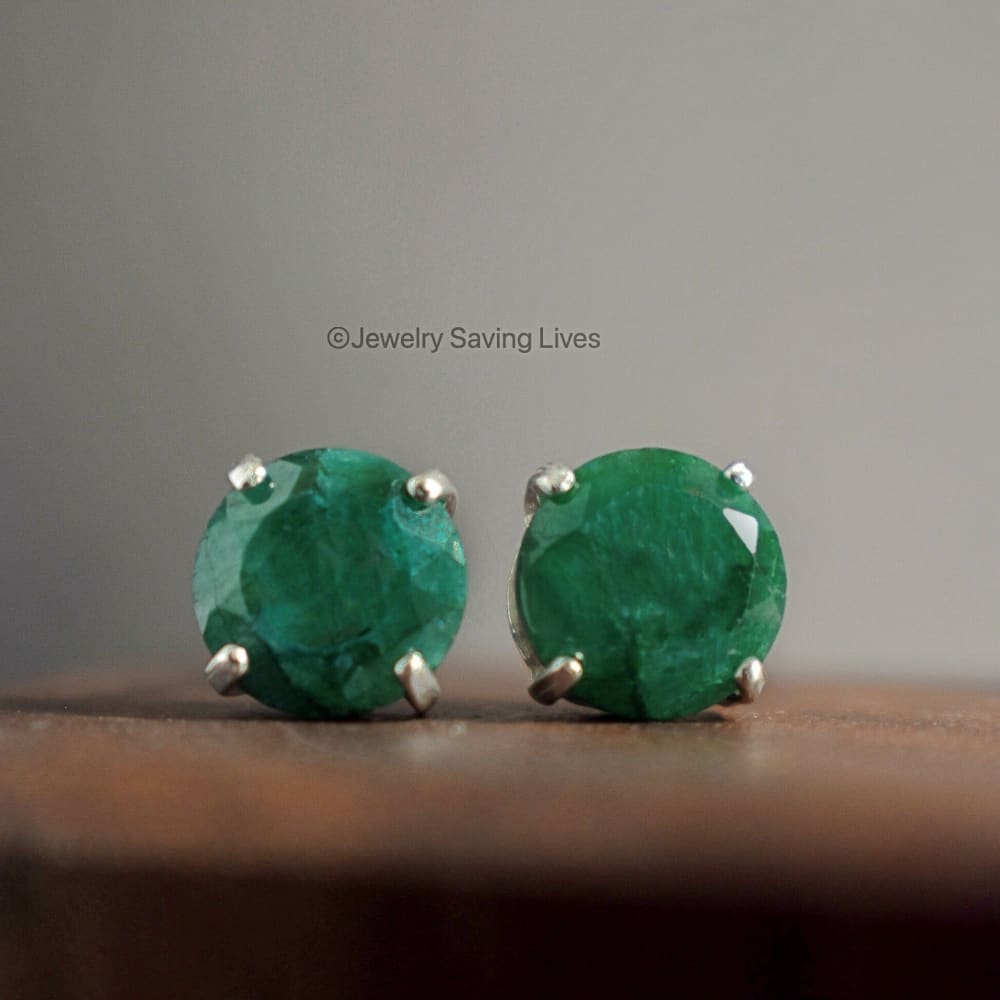 Round Natural Emerald Stud Earrings Earrings Handmade Handcrafted