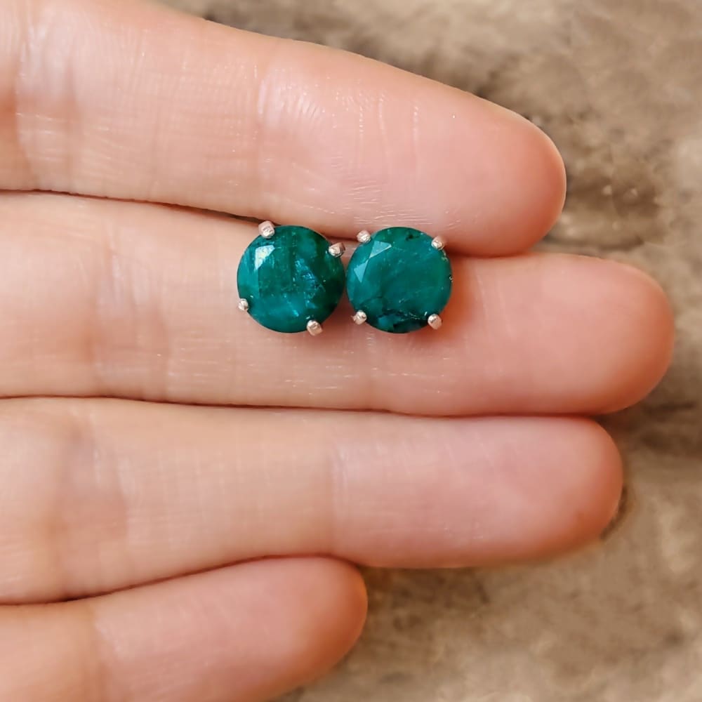 Round Natural Emerald Stud Earrings Earrings Handmade Handcrafted