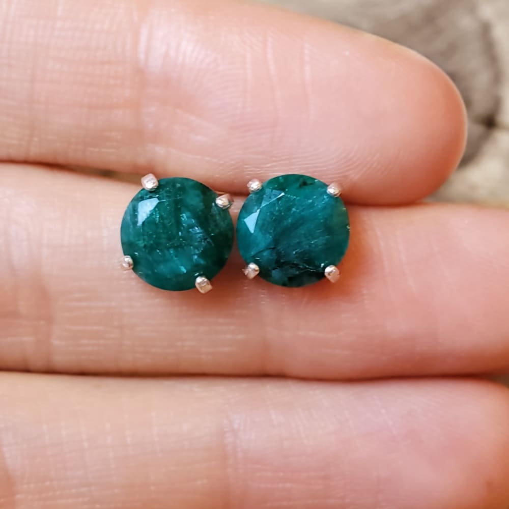Round Natural Emerald Stud Earrings Earrings Handmade Handcrafted