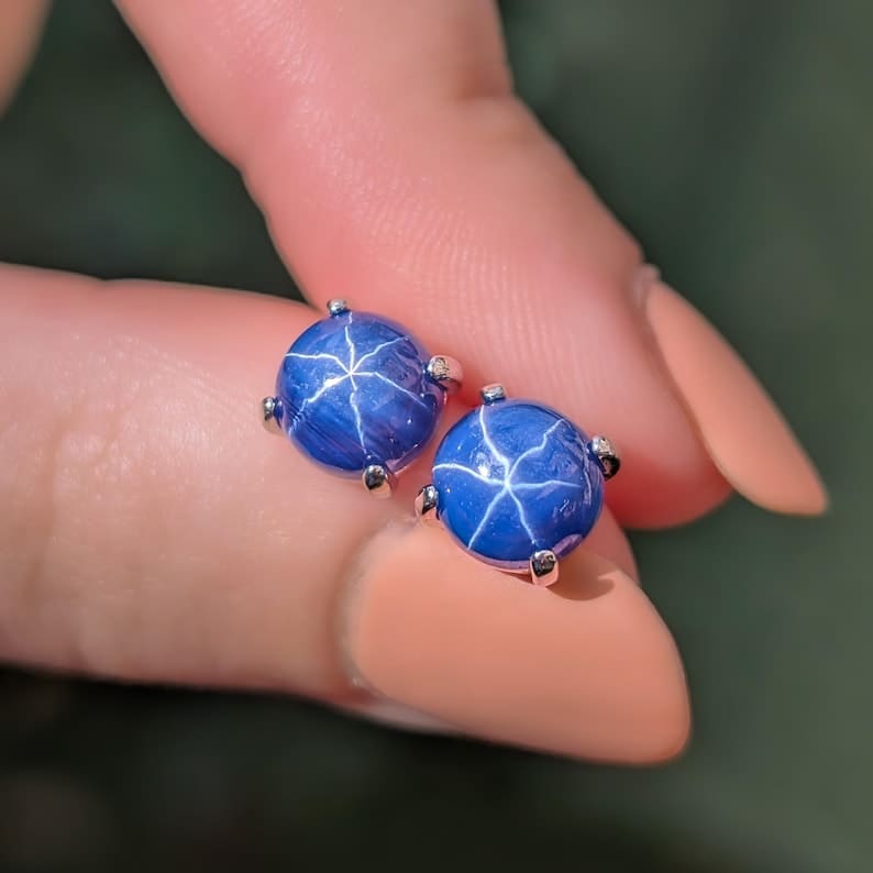 Round Star Sapphire Stud Earrings Earrings Handmade Handcrafted