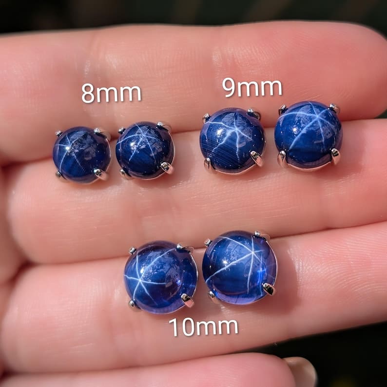 Round Star Sapphire Stud Earrings Earrings Handmade Handcrafted