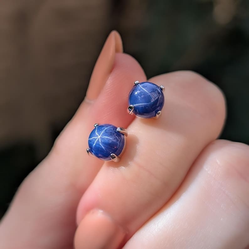 Round Star Sapphire Stud Earrings Earrings Handmade Handcrafted