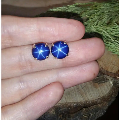 Round Star Sapphire Stud Earrings Earrings Handmade Handcrafted