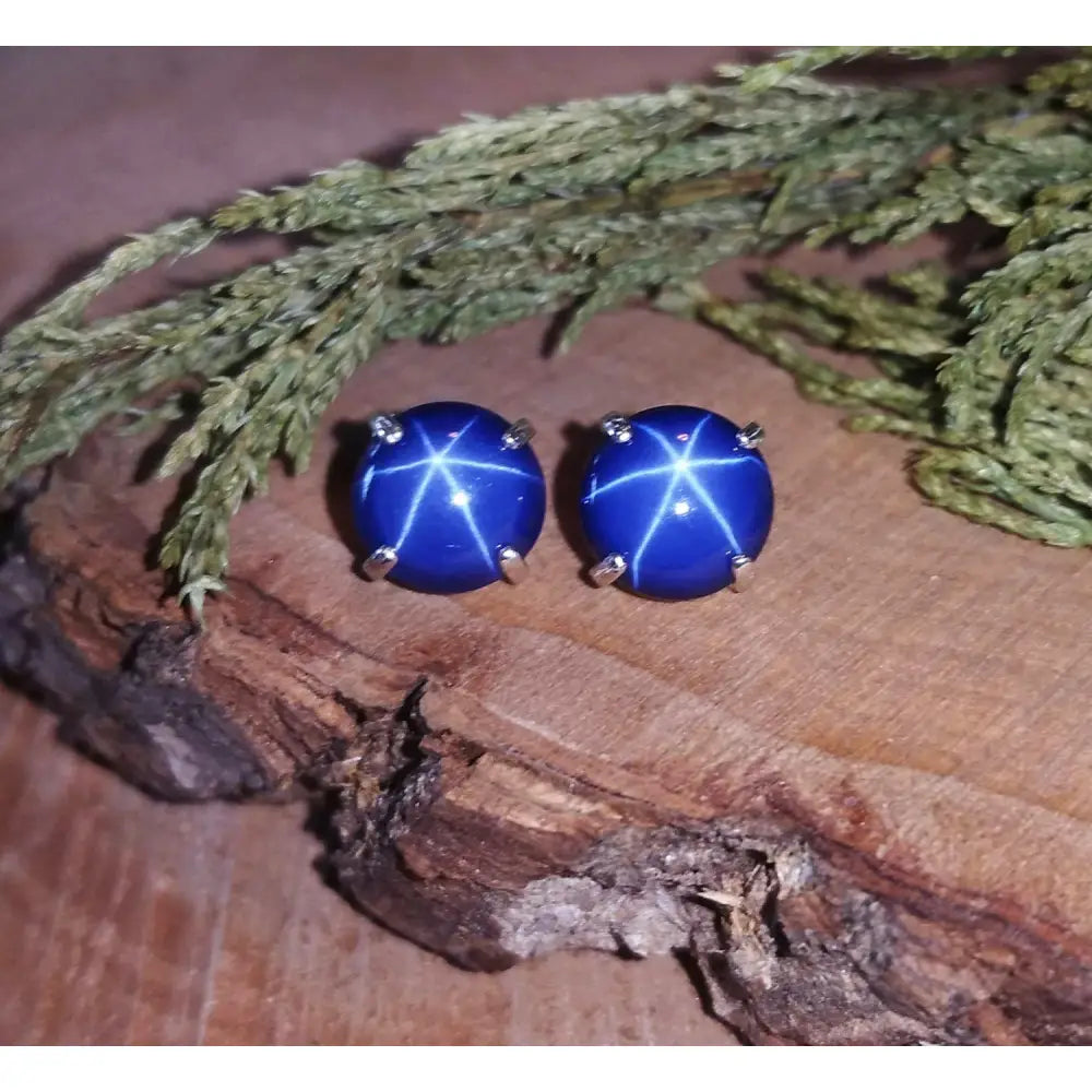 Round Star Sapphire Stud Earrings Earrings Handmade Handcrafted