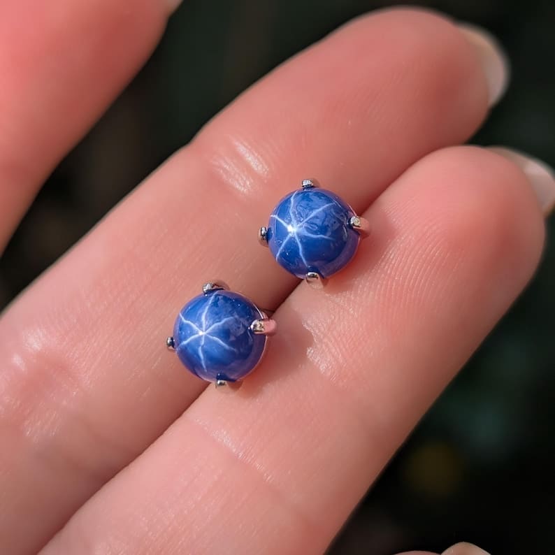 Round Star Sapphire Stud Earrings Earrings Handmade Handcrafted