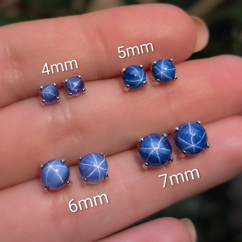 Round Star Sapphire Stud Earrings Earrings Handmade Handcrafted
