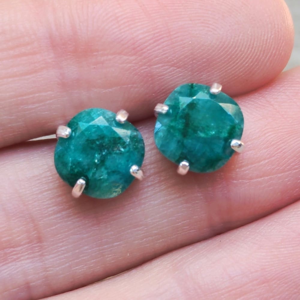 Square Natural Emerald Stud Earrings Earrings Handmade Handcrafted