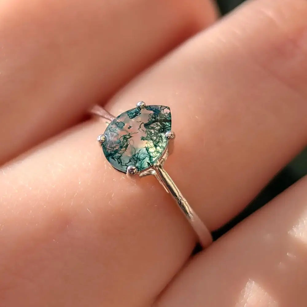 Teardrop Moss Agate Ring Rings Handmade Handcrafted