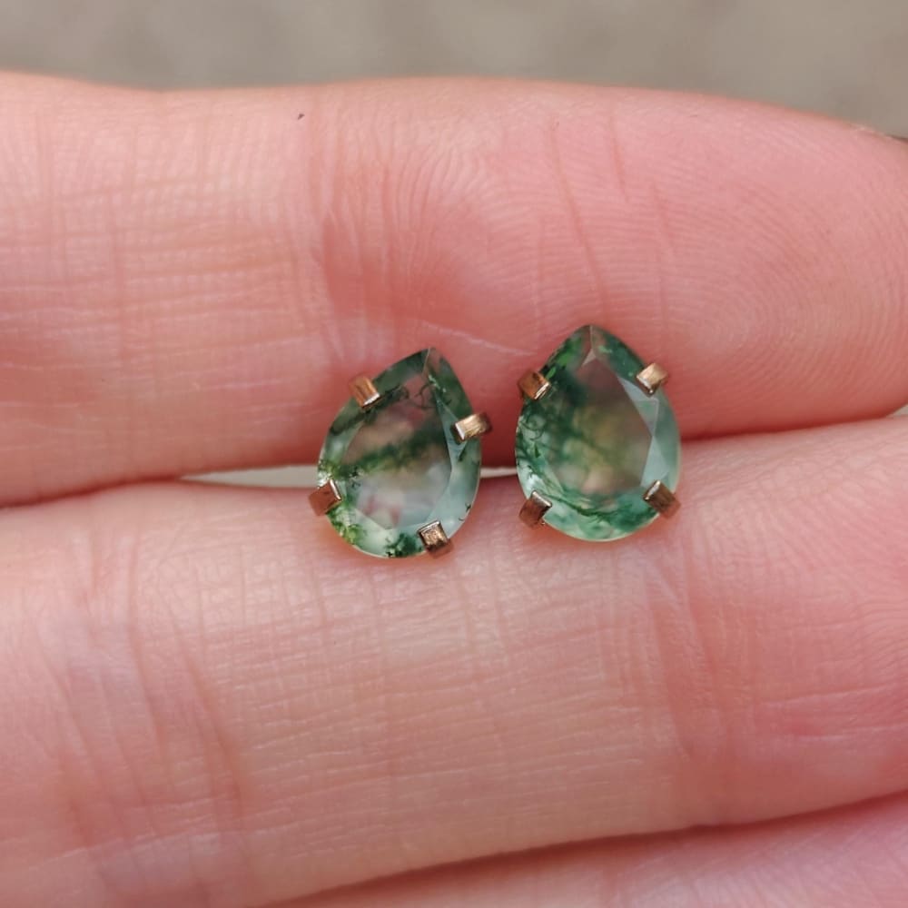 Teardrop Moss Agate Stud Earrings Earrings Handmade Handcrafted