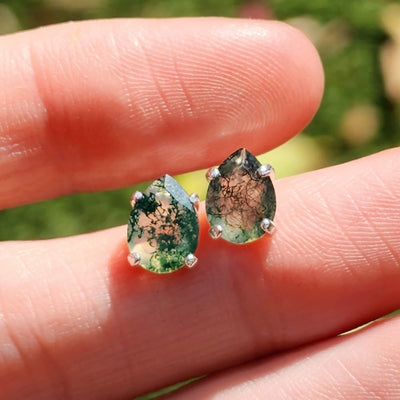 Teardrop Moss Agate Stud Earrings Earrings Handmade Handcrafted