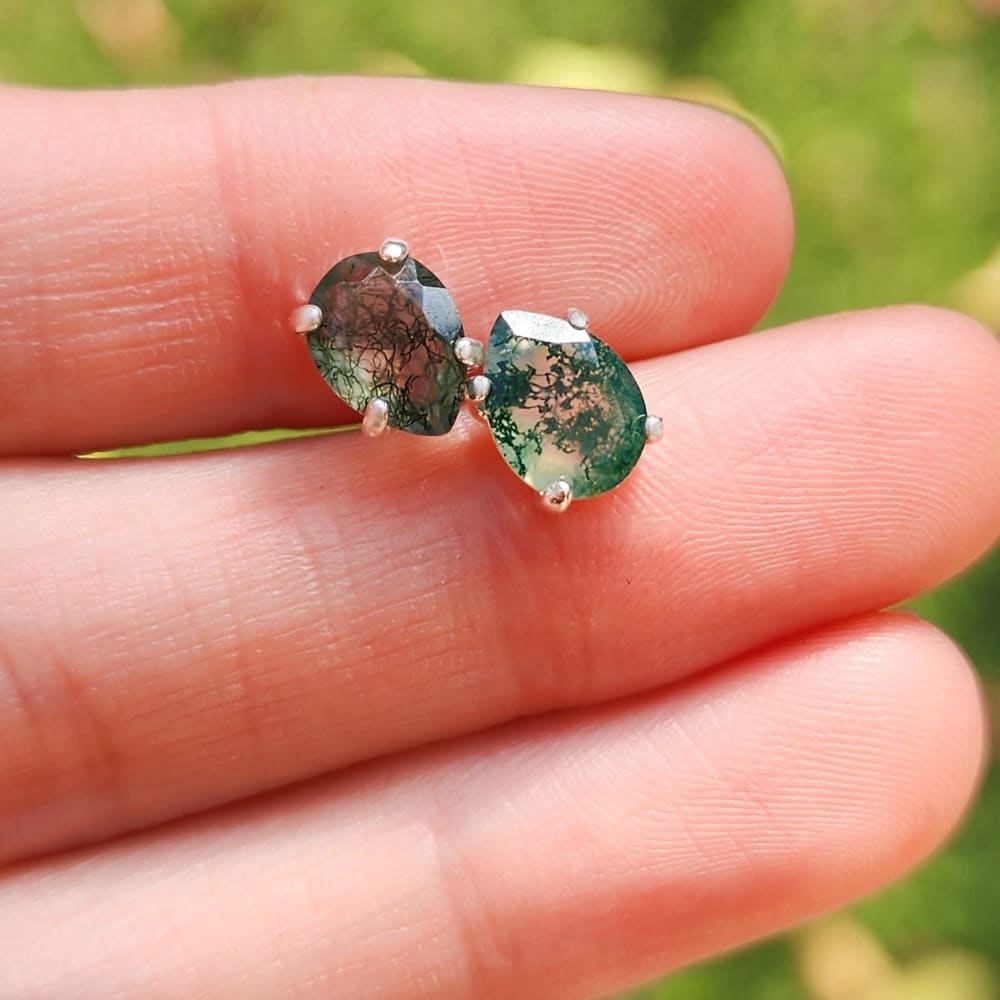 Teardrop Moss Agate Stud Earrings Earrings Handmade Handcrafted