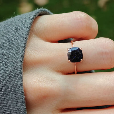 Rose gold ring with black druzy stone, The Asher blue sandstone ring design