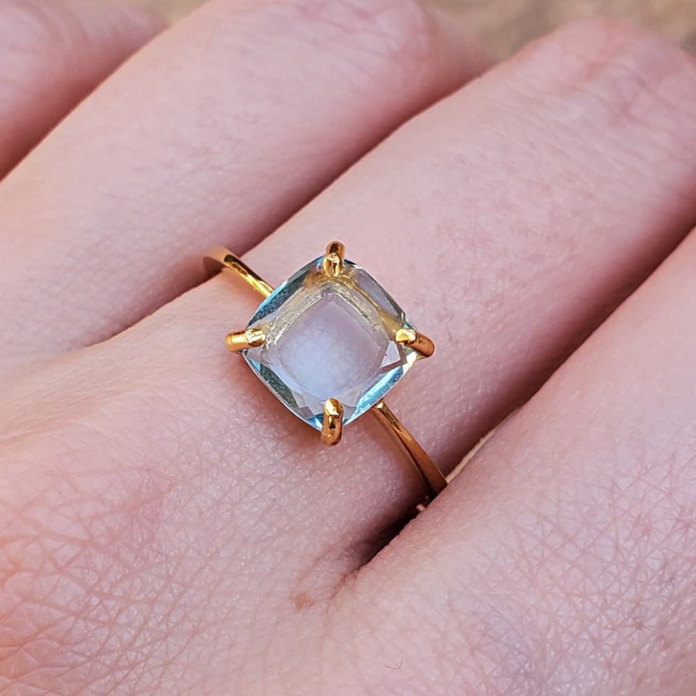 Gold ring with 8x8mm natural aquamarine in prong setting, The Asher collection