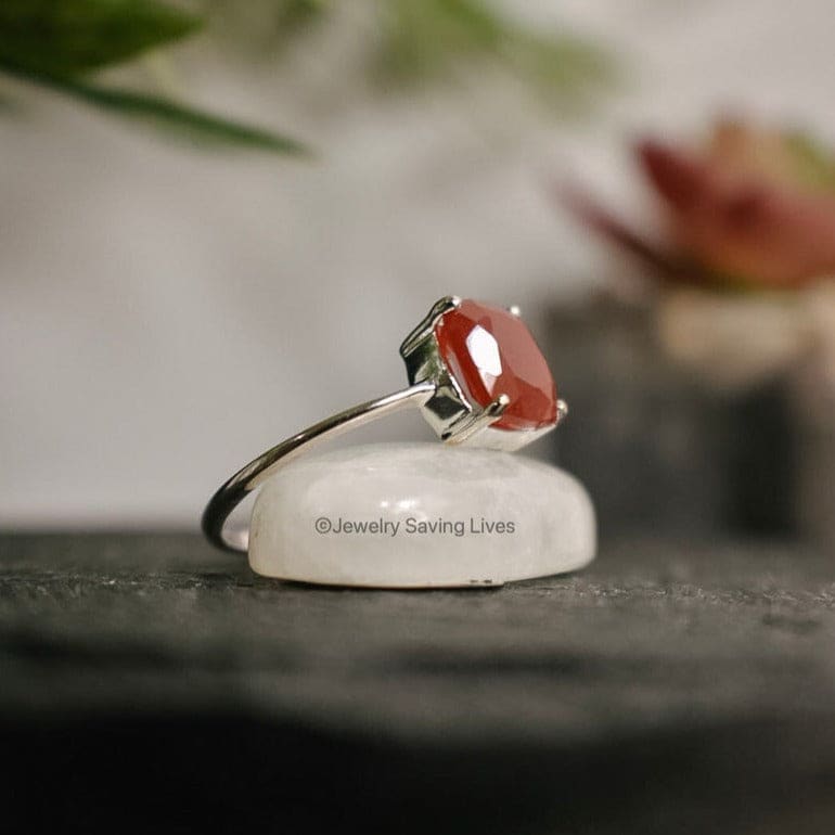 Silver ring with pear-shaped pink gemstone in The Asher Natural Carnelian design