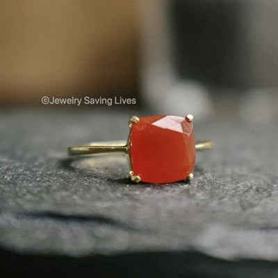 Gold ring with cushion-cut natural carnelian gem in prong setting, The Asher