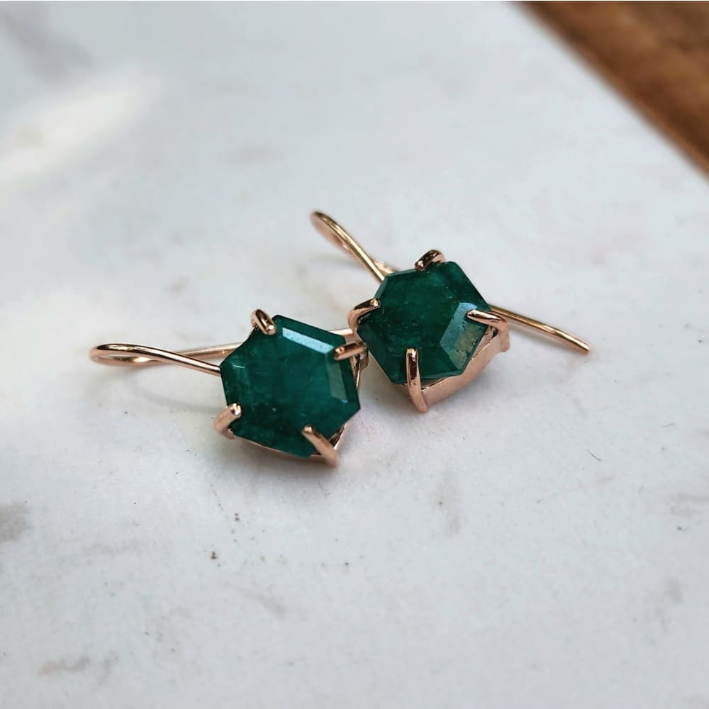 The Ashera - Hexagon Natural Emerald Dangle Earrings Earrings Handmade Handcrafted