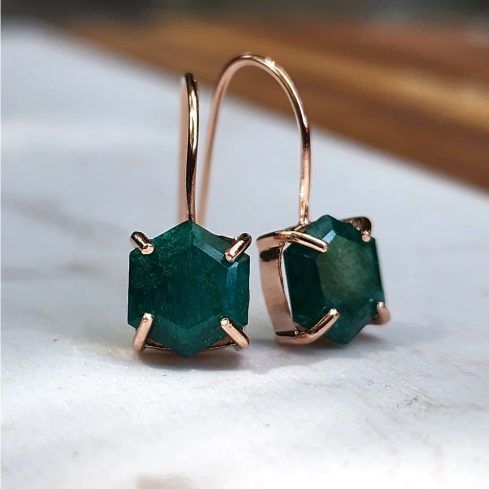 The Ashera - Hexagon Natural Emerald Dangle Earrings Earrings Handmade Handcrafted