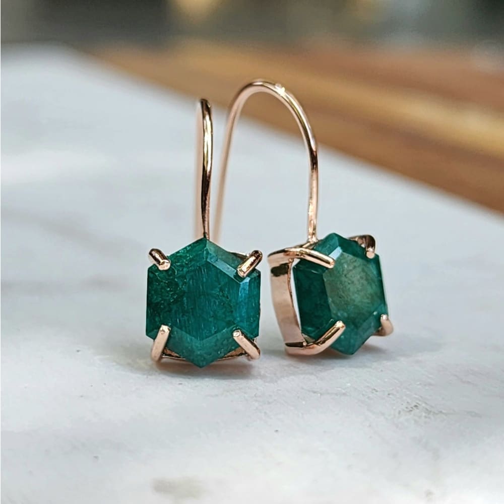 The Ashera - Hexagon Natural Emerald Dangle Earrings Earrings Handmade Handcrafted