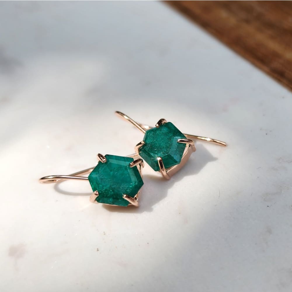 The Ashera - Hexagon Natural Emerald Dangle Earrings Earrings Handmade Handcrafted