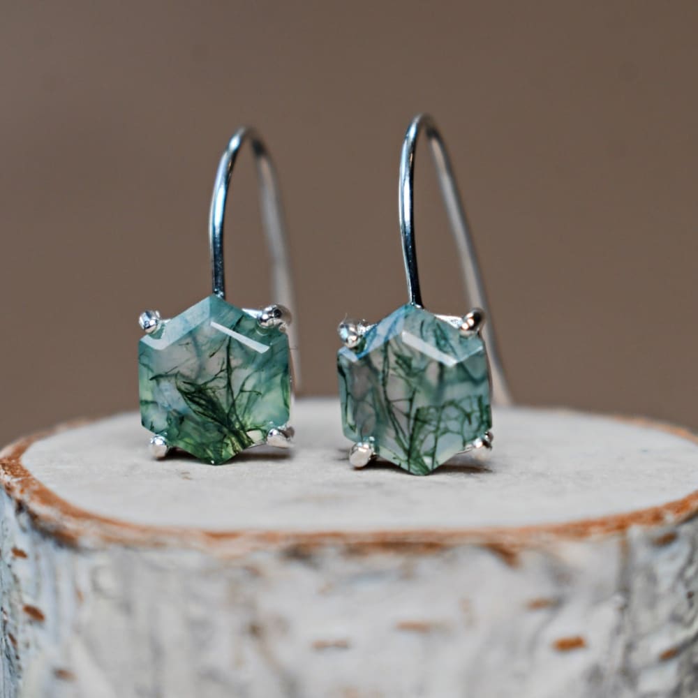 The Ashera - Hexagon Natural Moss Agate Dangle Earrings Earrings Handmade Handcrafted