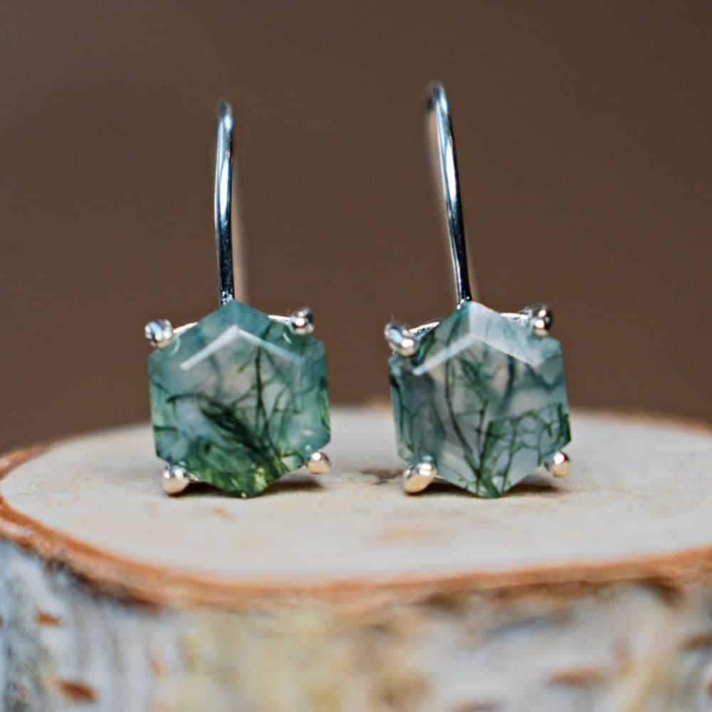 The Ashera - Hexagon Natural Moss Agate Dangle Earrings Earrings Handmade Handcrafted