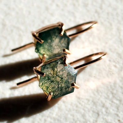 The Ashera - Hexagon Natural Moss Agate Dangle Earrings Earrings Handmade Handcrafted