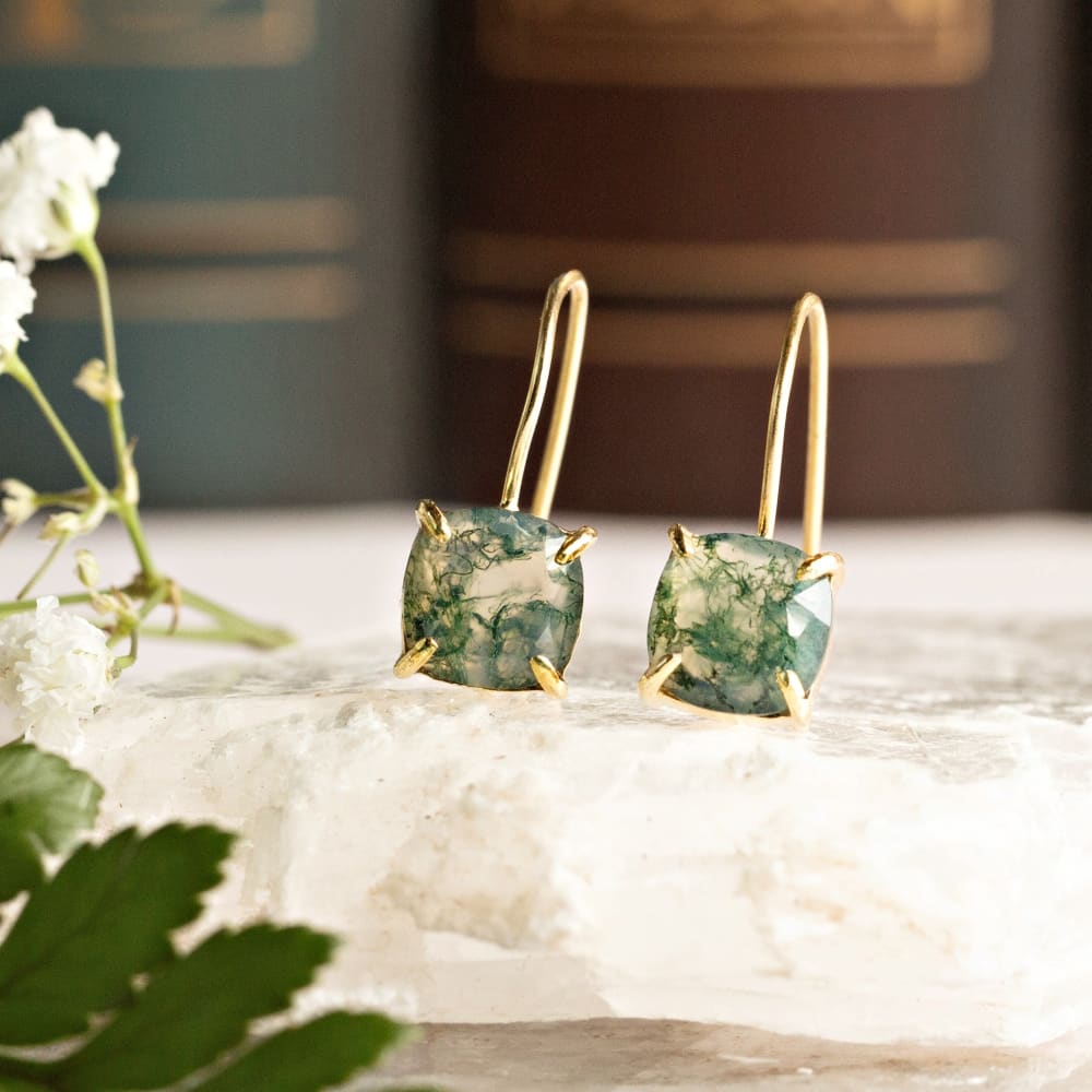 The Ashera - Natural Moss Agate Dangle Earrings Earrings Handmade Handcrafted