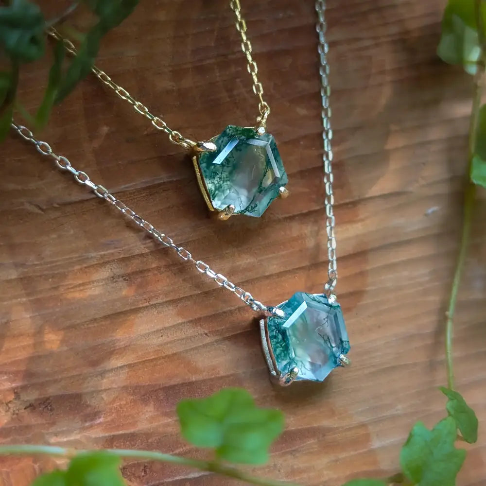 The Ashlynn- Hexagon Natural Moss Agate Necklace Necklaces Handmade Handcrafted