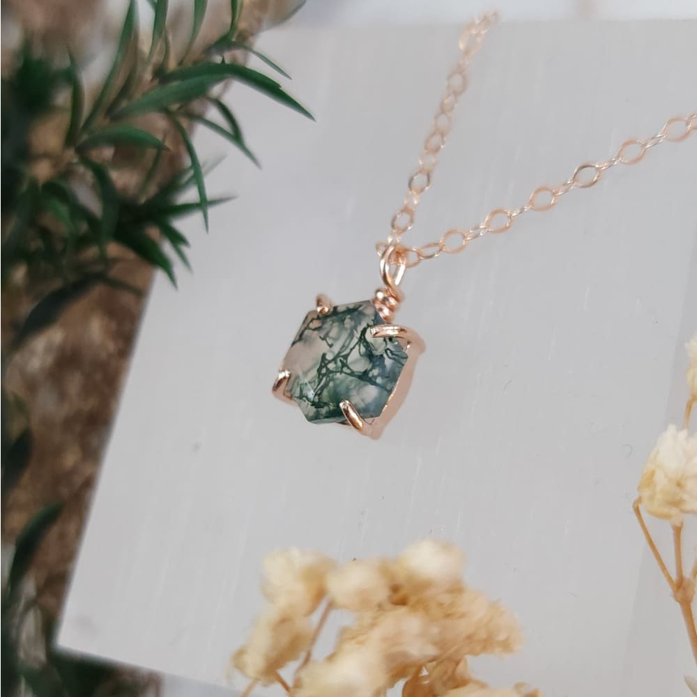 The Ashlynn- Hexagon Natural Moss Agate Necklace Necklaces Handmade Handcrafted