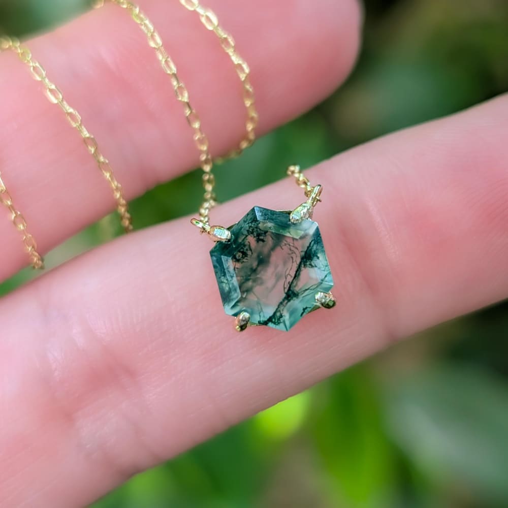 The Ashlynn- Hexagon Natural Moss Agate Necklace Necklaces Handmade Handcrafted