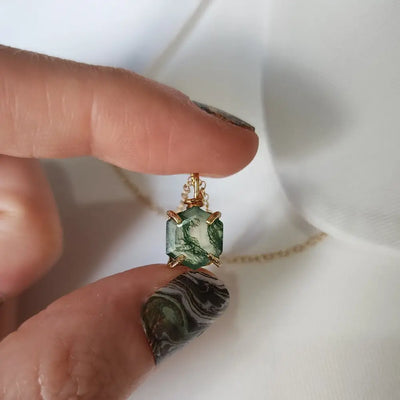 The Ashlynn- Hexagon Natural Moss Agate Necklace Necklaces Handmade Handcrafted