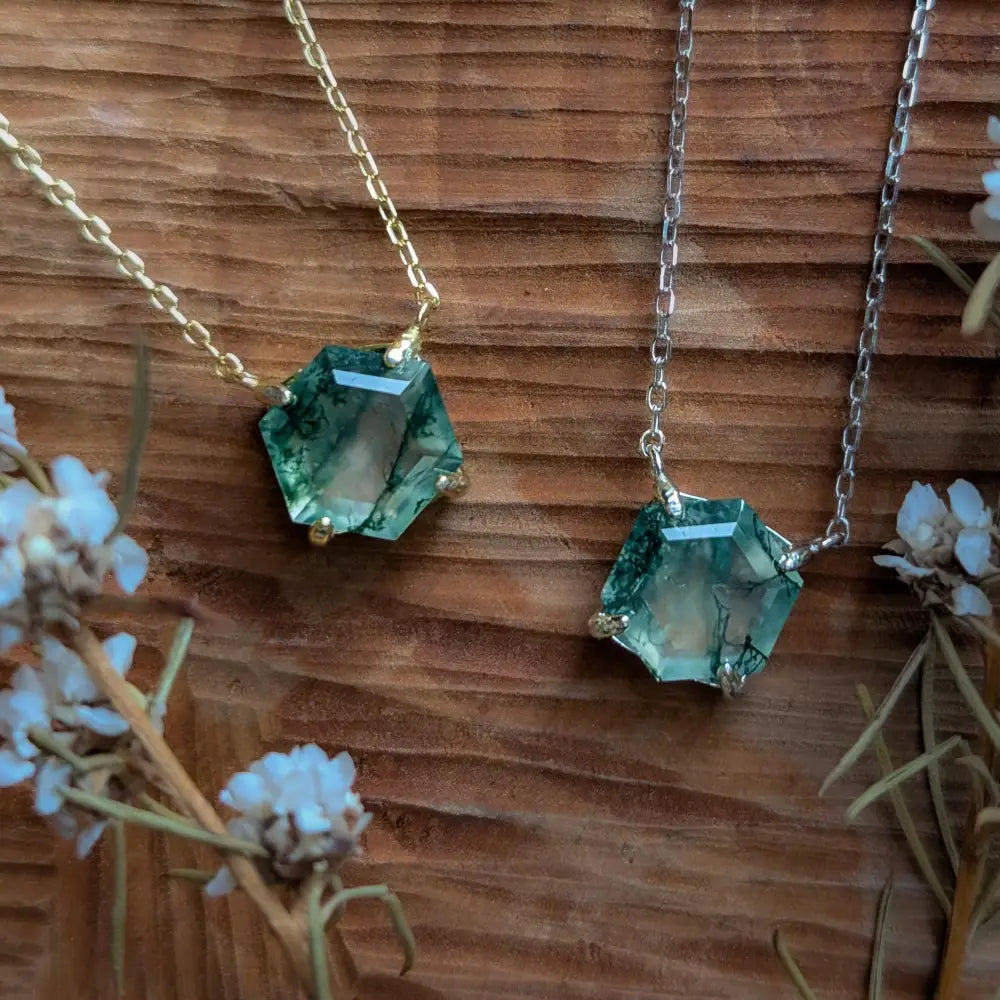 The Ashlynn- Hexagon Natural Moss Agate Necklace Necklaces Handmade Handcrafted