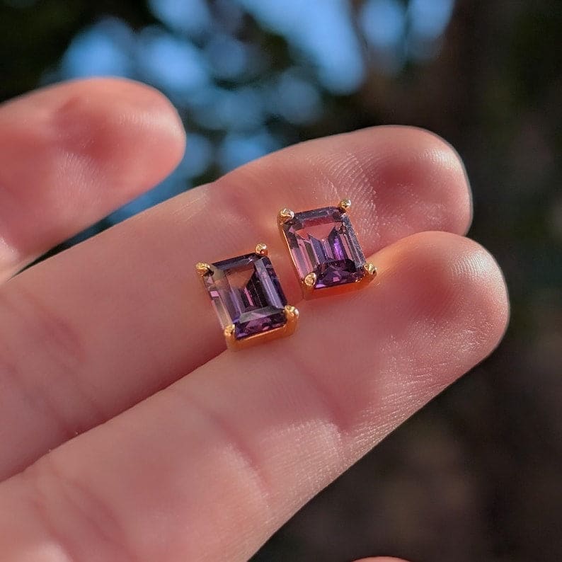 The Audette - Emerald Cut Amethyst Stud Earrings Earrings Handmade Handcrafted