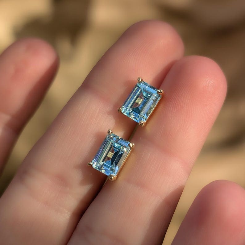 The Audette - Emerald Cut Aquamarine Stud Earrings Earrings Handmade Handcrafted